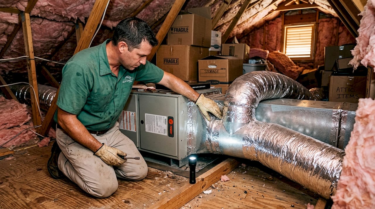Technician checking attic duct insulation