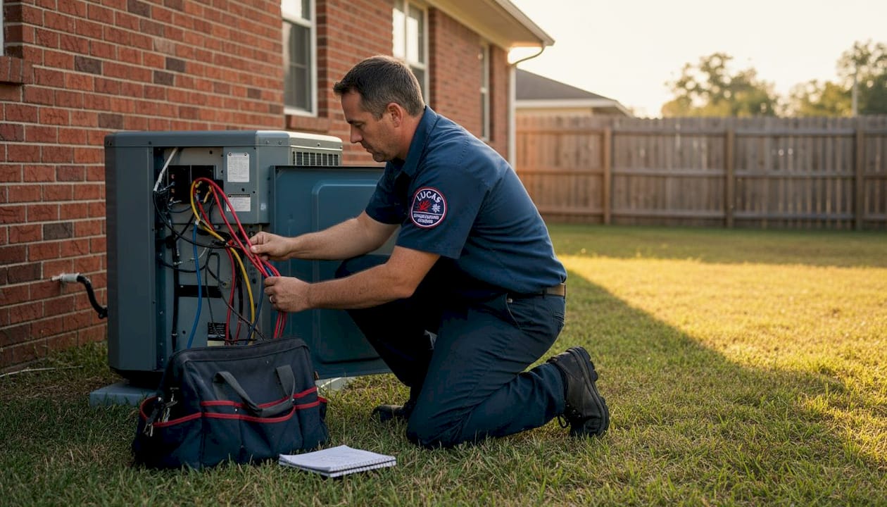 Technician servicing outdoor heat pump unit