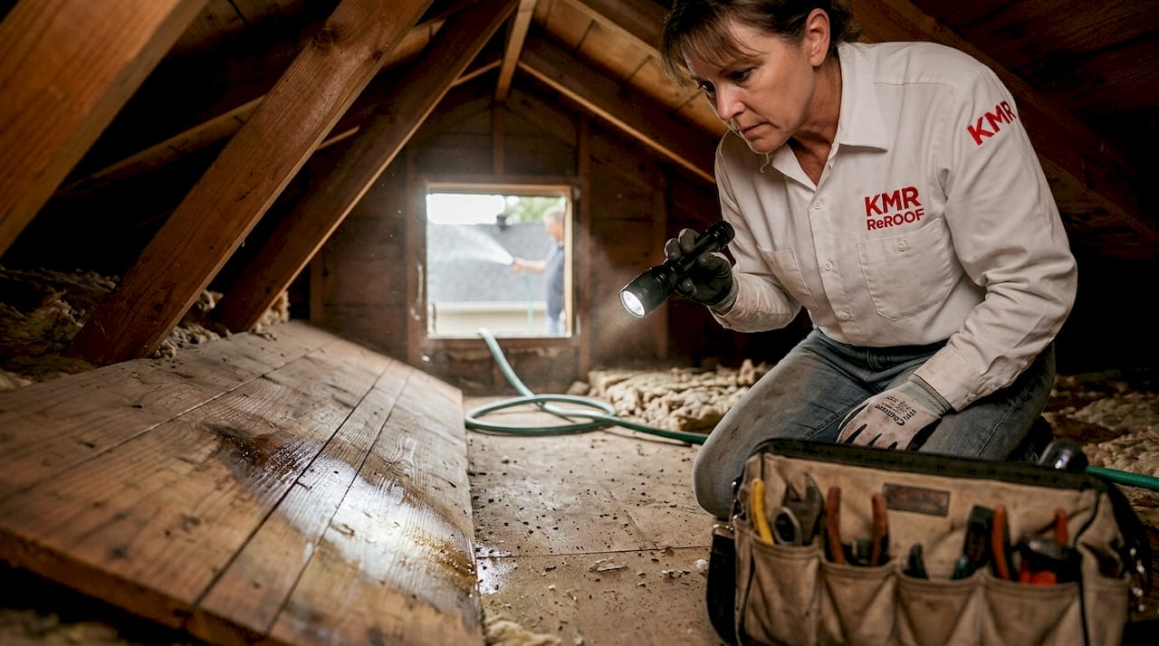 Homeowner tracks leak inside attic with flashlight