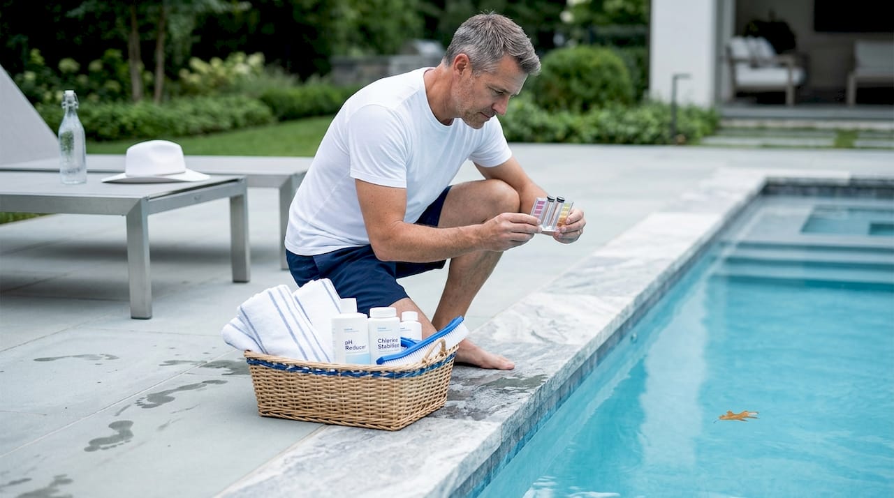 Man checking pool maintenance tools by hydrotherapy pool