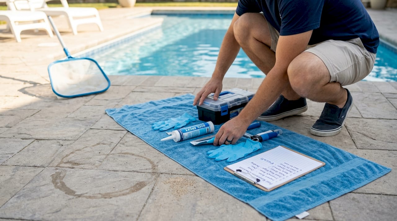 Homeowner arranging pool leak repair tools