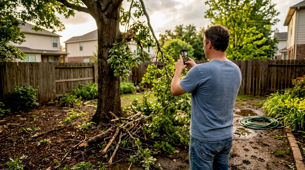 Homeowner photographing tree storm damage