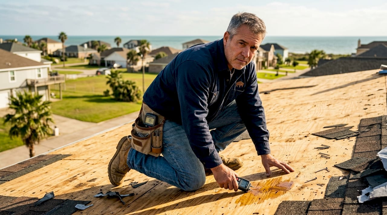 Roofer assessing structural roof decking