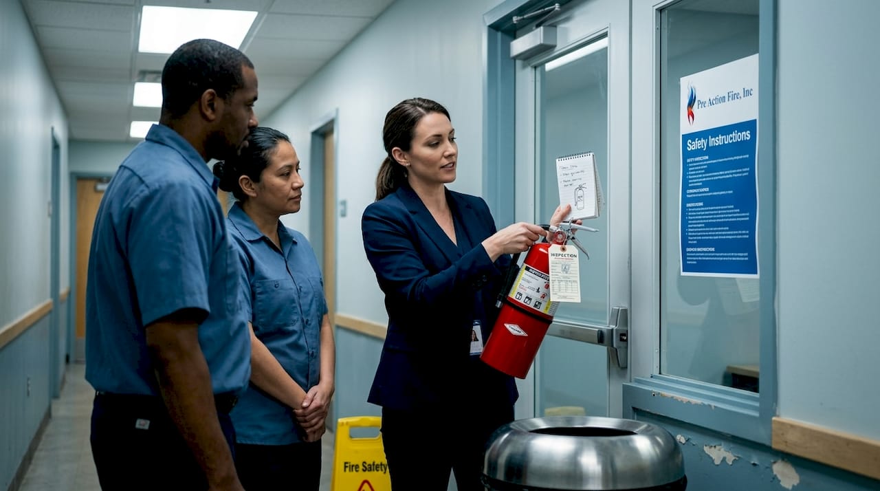 Manager training staff on fire extinguisher use