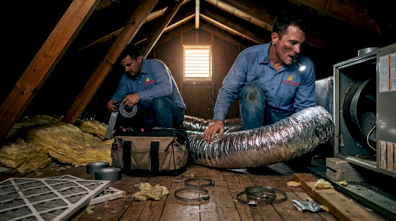Technicians repairing HVAC ductwork in attic