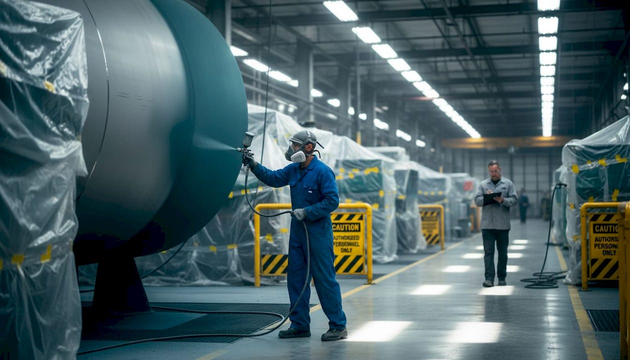 Technician applies coating in shielded factory zone