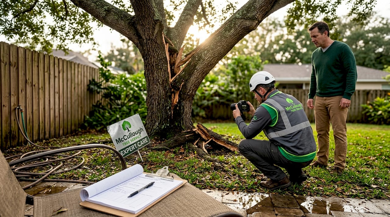 Arborist surveys storm-damaged tree in backyard