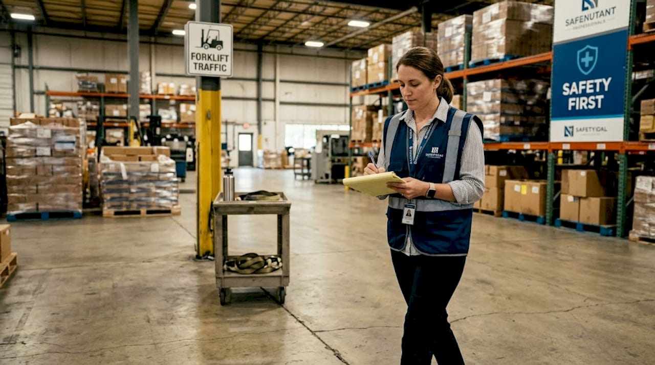 Safety consultant noting warehouse fire risks