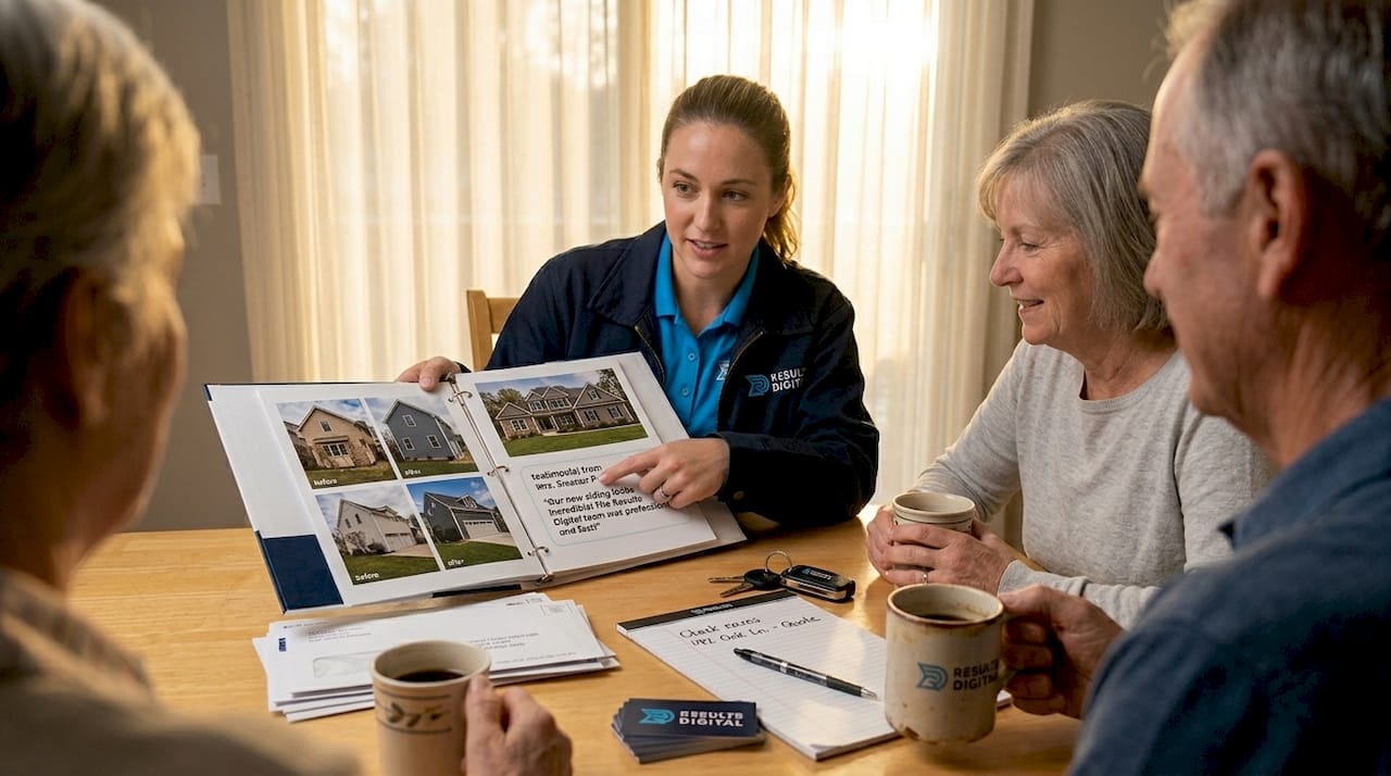 Siding contractor presenting project binder with before-and-after photos to clients, highlighting local siding services and testimonials, in a warm, inviting home setting.