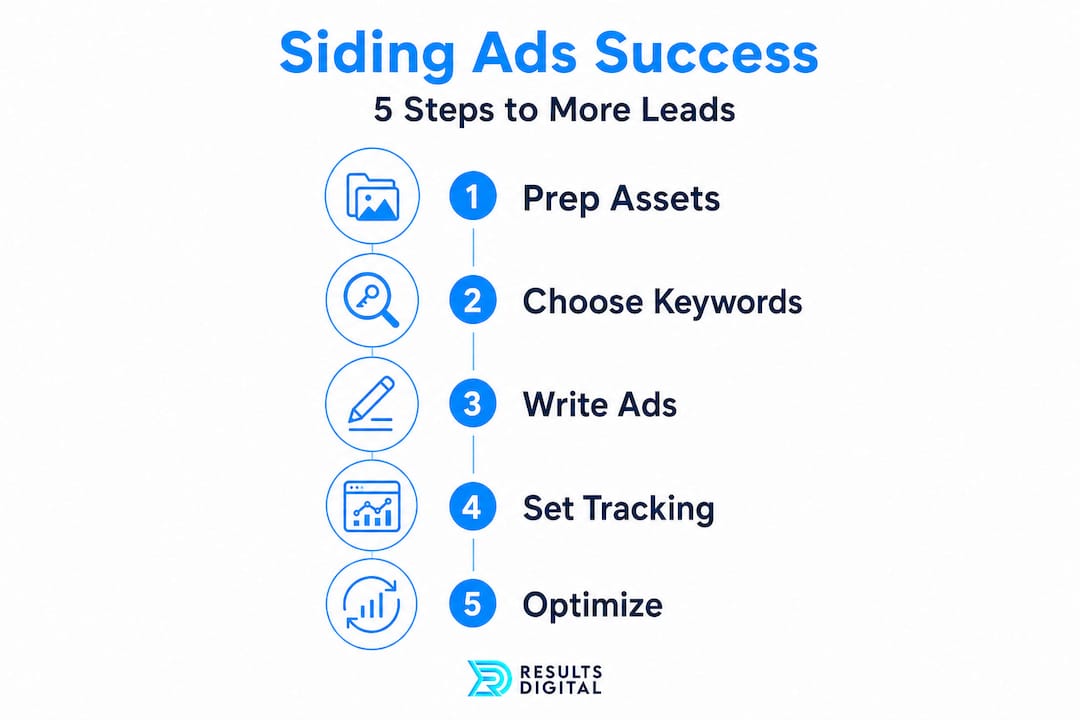 Infographic titled "Siding Ads Success" outlining five steps to generate more leads: prep assets, choose keywords, write ads, set tracking, and optimize, with Results Digital branding.