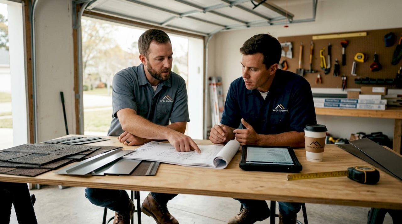 Roofers collaborating over blueprints and samples