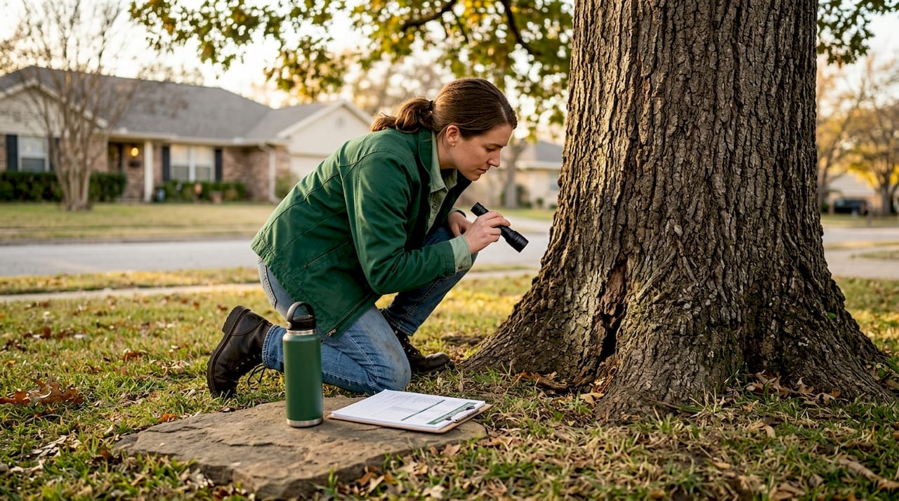 Arborist inspecting base of oak tree