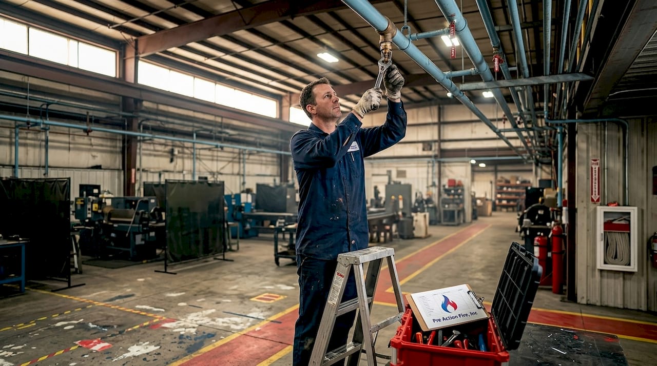 Technician adjusts sprinkler in fabrication shop