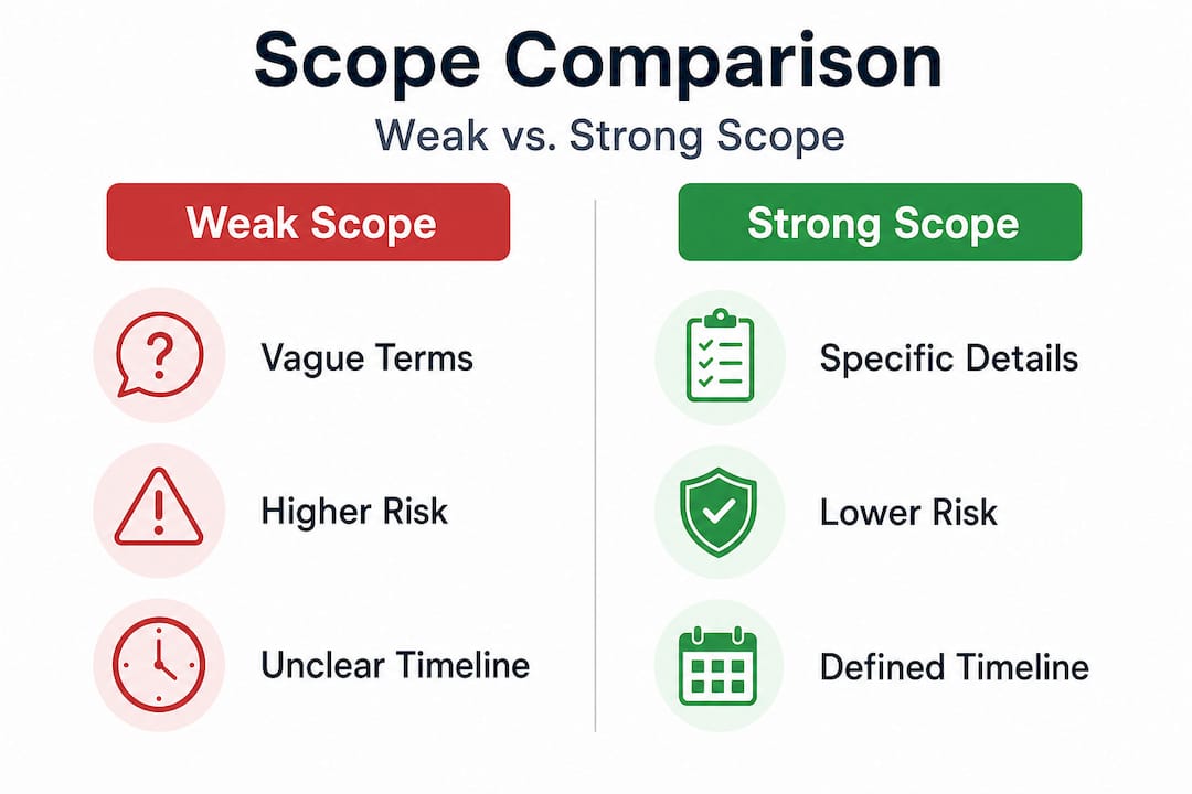 Infographic comparing weak and strong roofing scopes