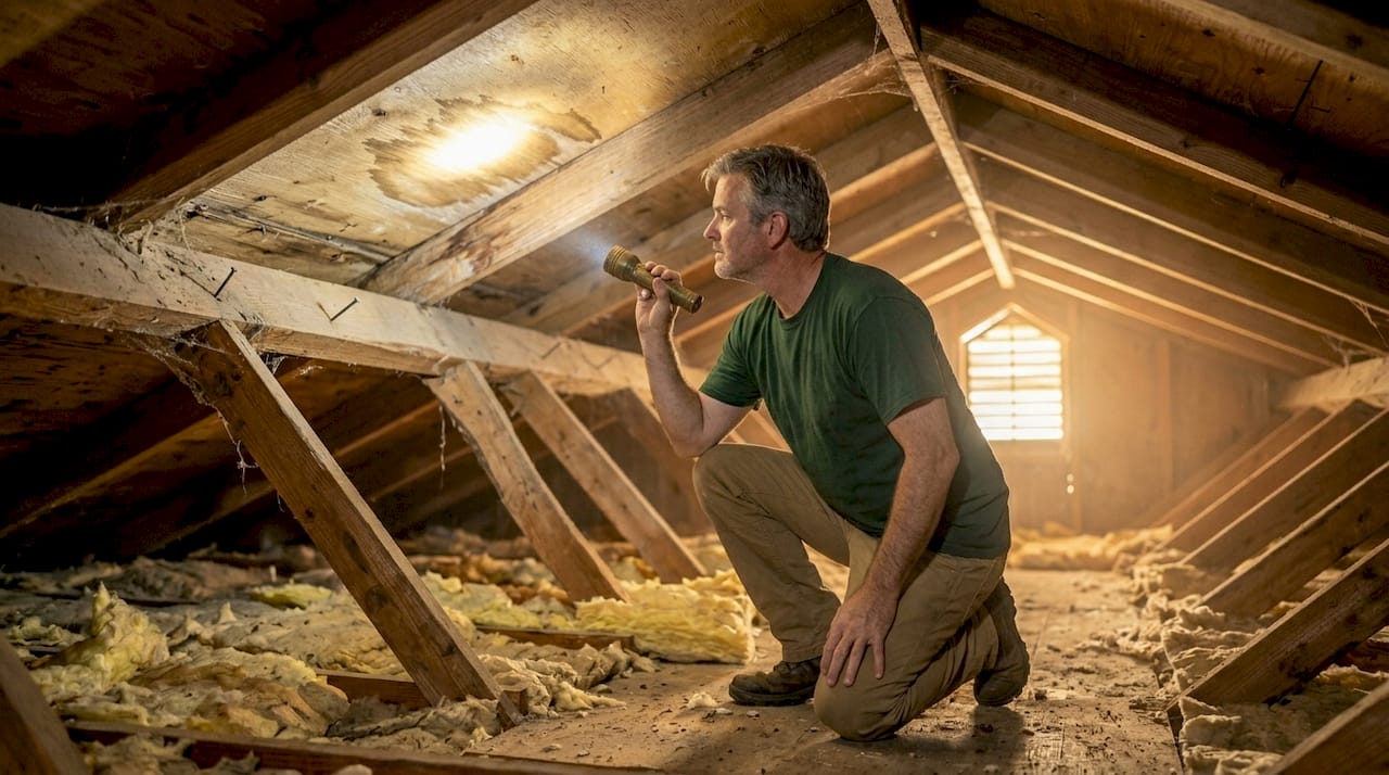 Homeowner inspecting attic roof for leaks