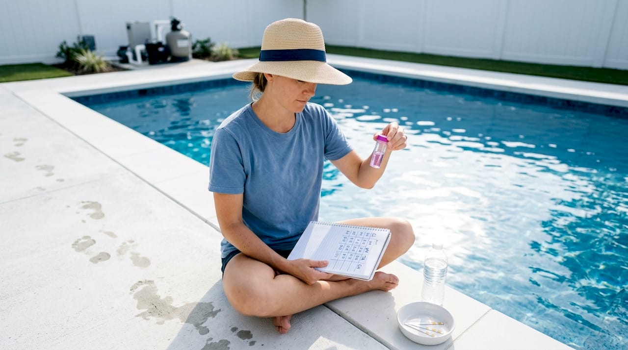 Woman checking pool water chemical balance beside pool