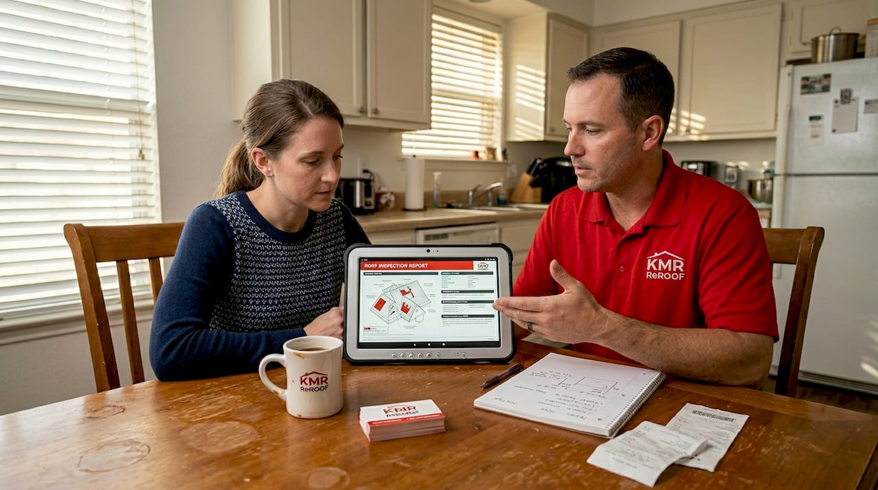 Homeowner discusses roof repair with contractor