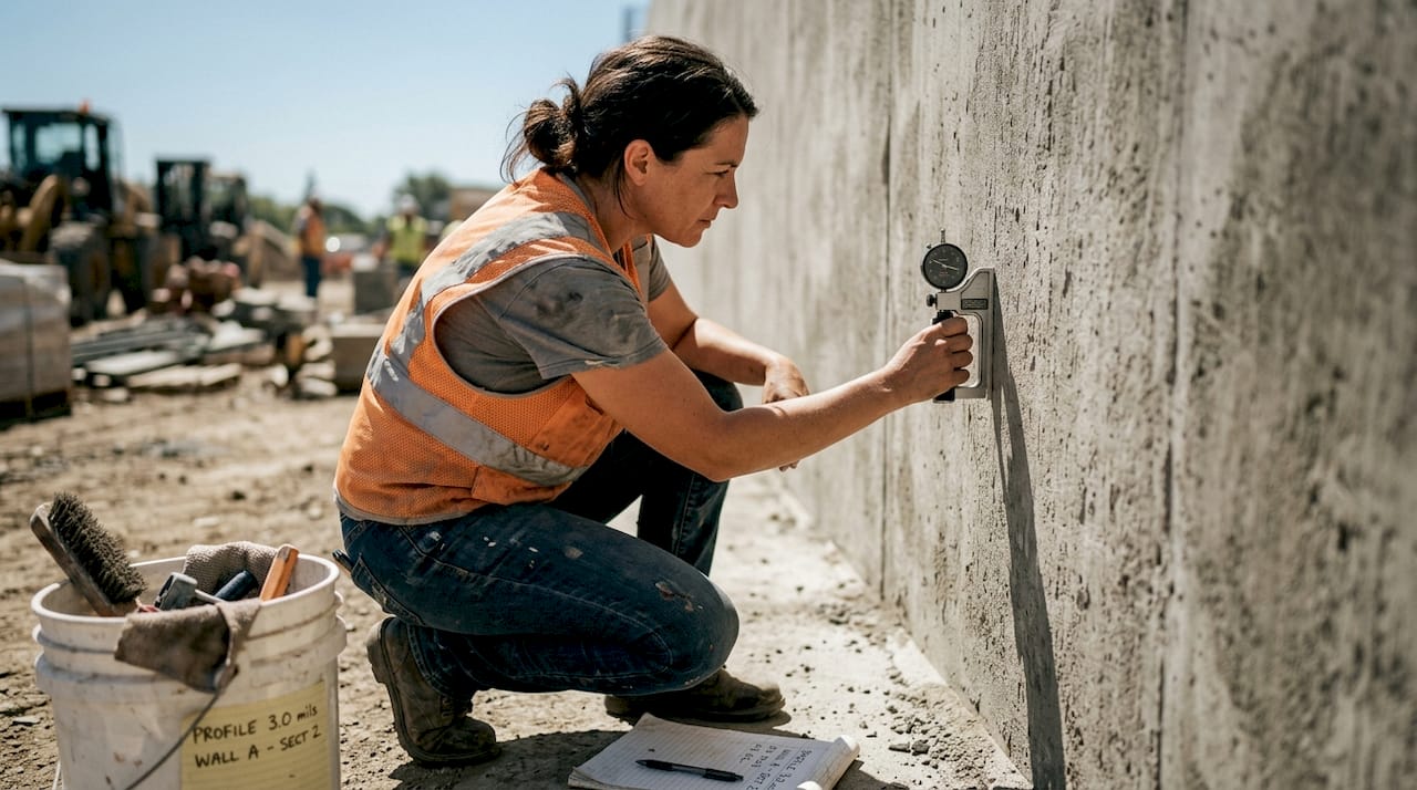 Contractor measuring concrete surface profile outdoors