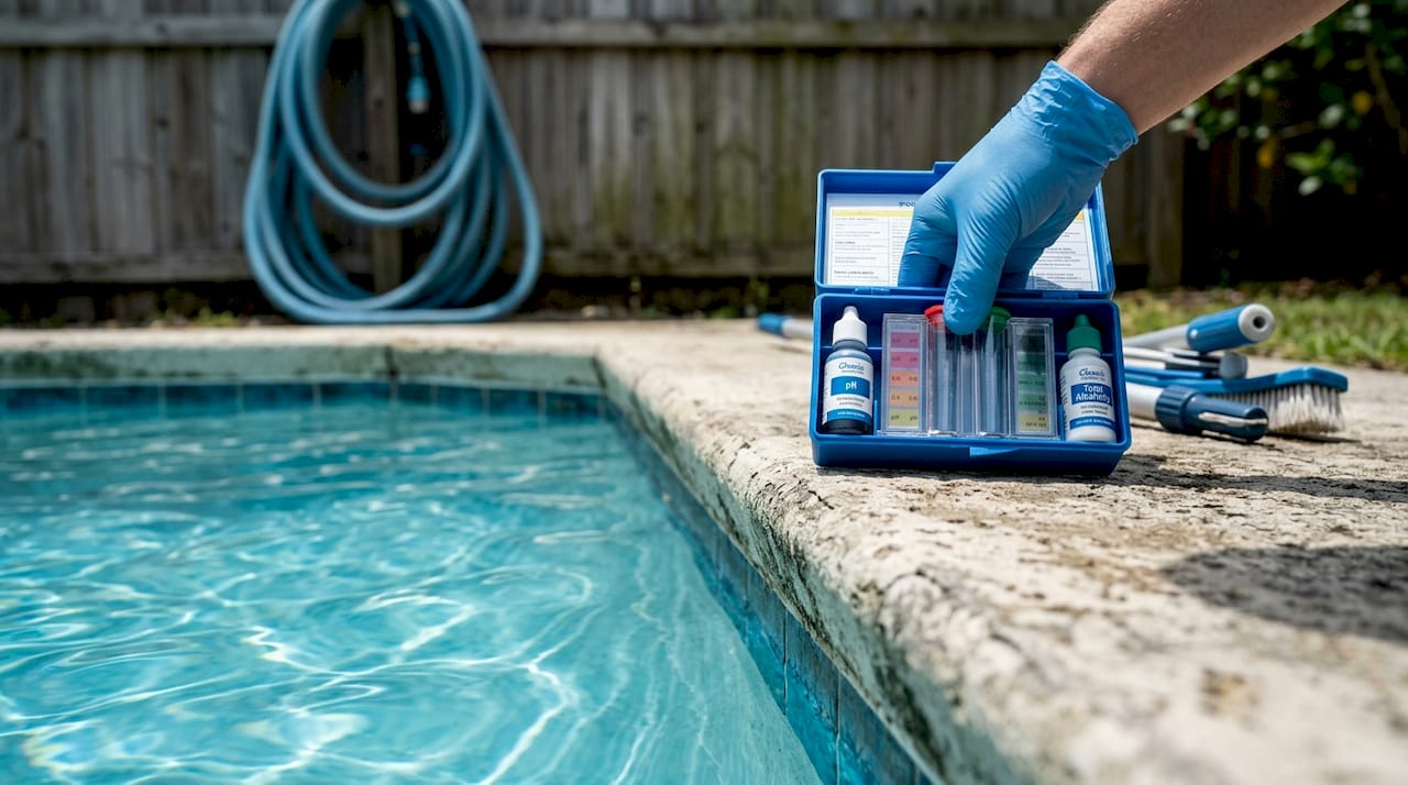 Pool test kit near weathered concrete edge