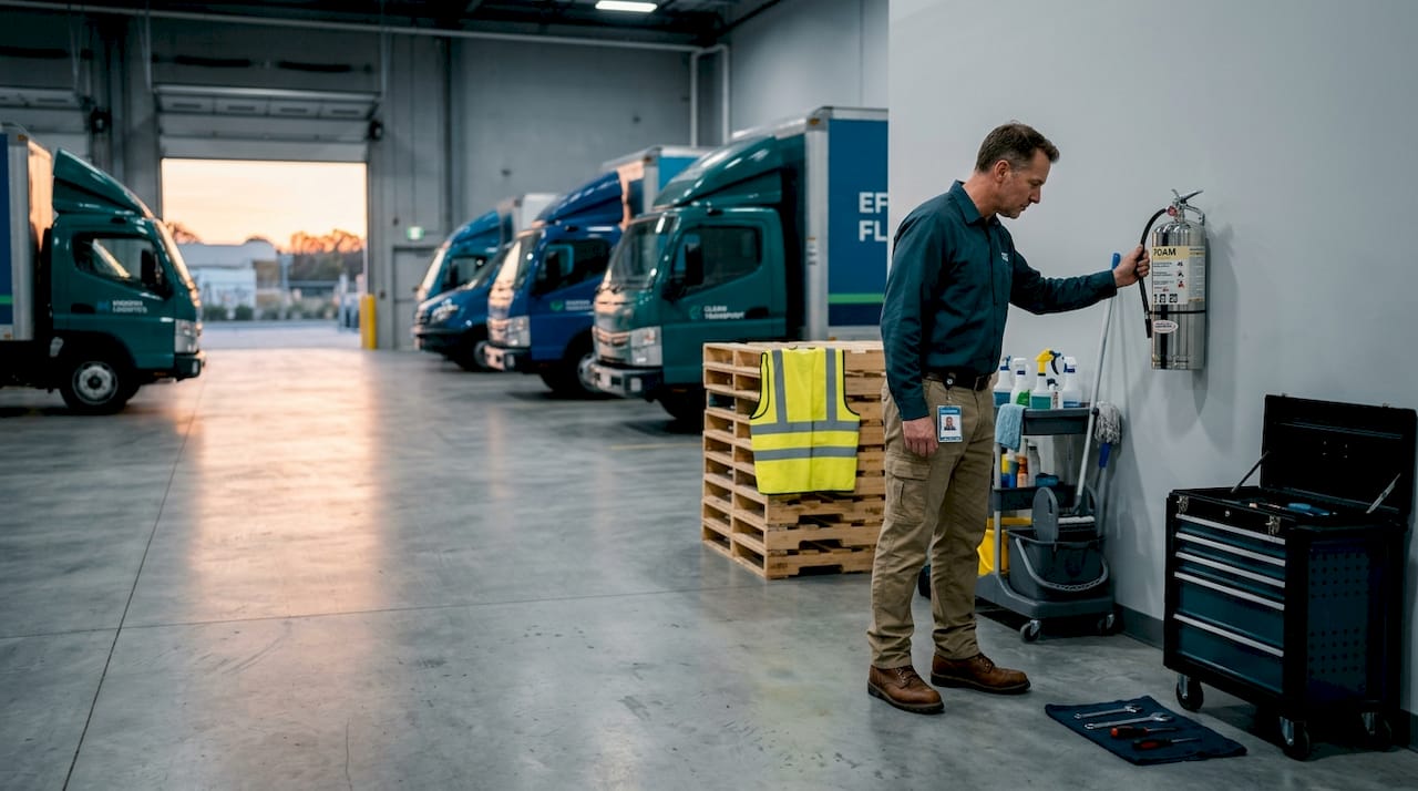 Manager inspects extinguisher in garage workspace