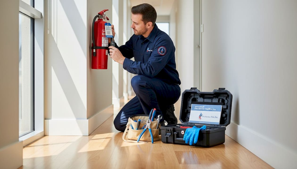Technician inspecting fire extinguisher maintenance