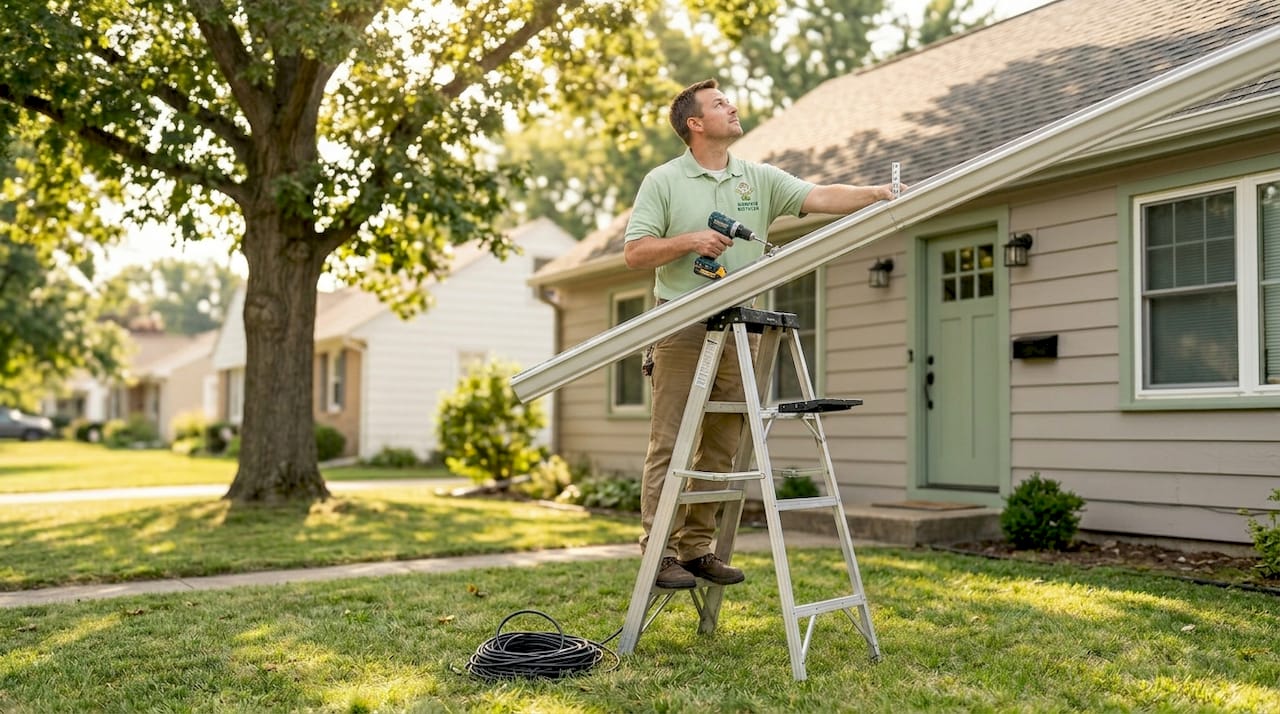Contractor installing seamless home gutter system