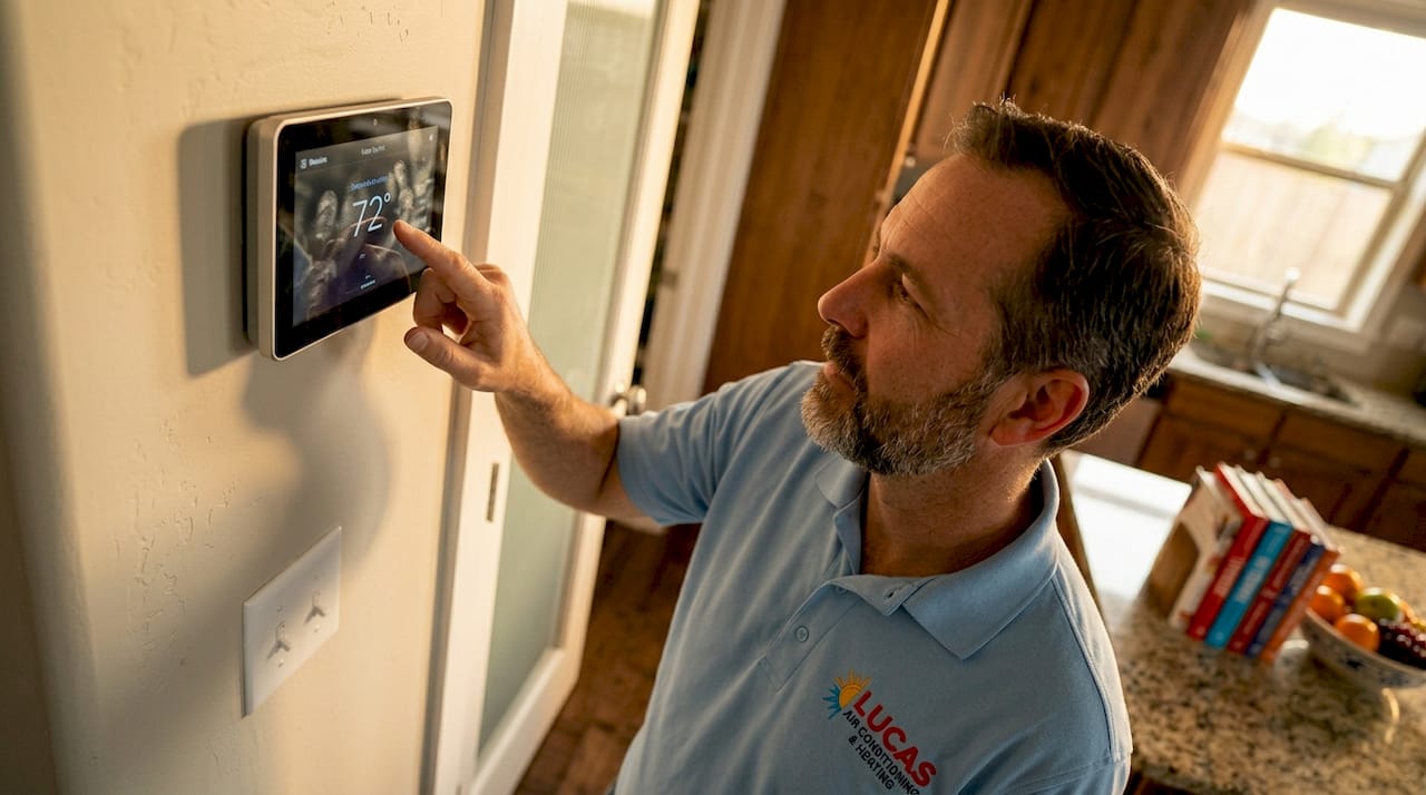 Person adjusting smart thermostat in kitchen