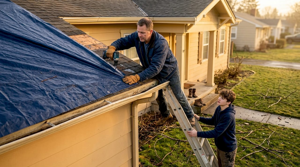 Family tarping damaged roof post-storm