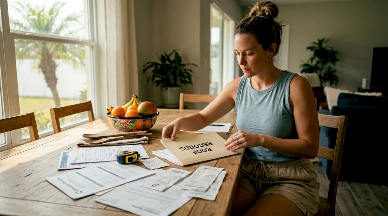 Woman organizing roof inspection folder