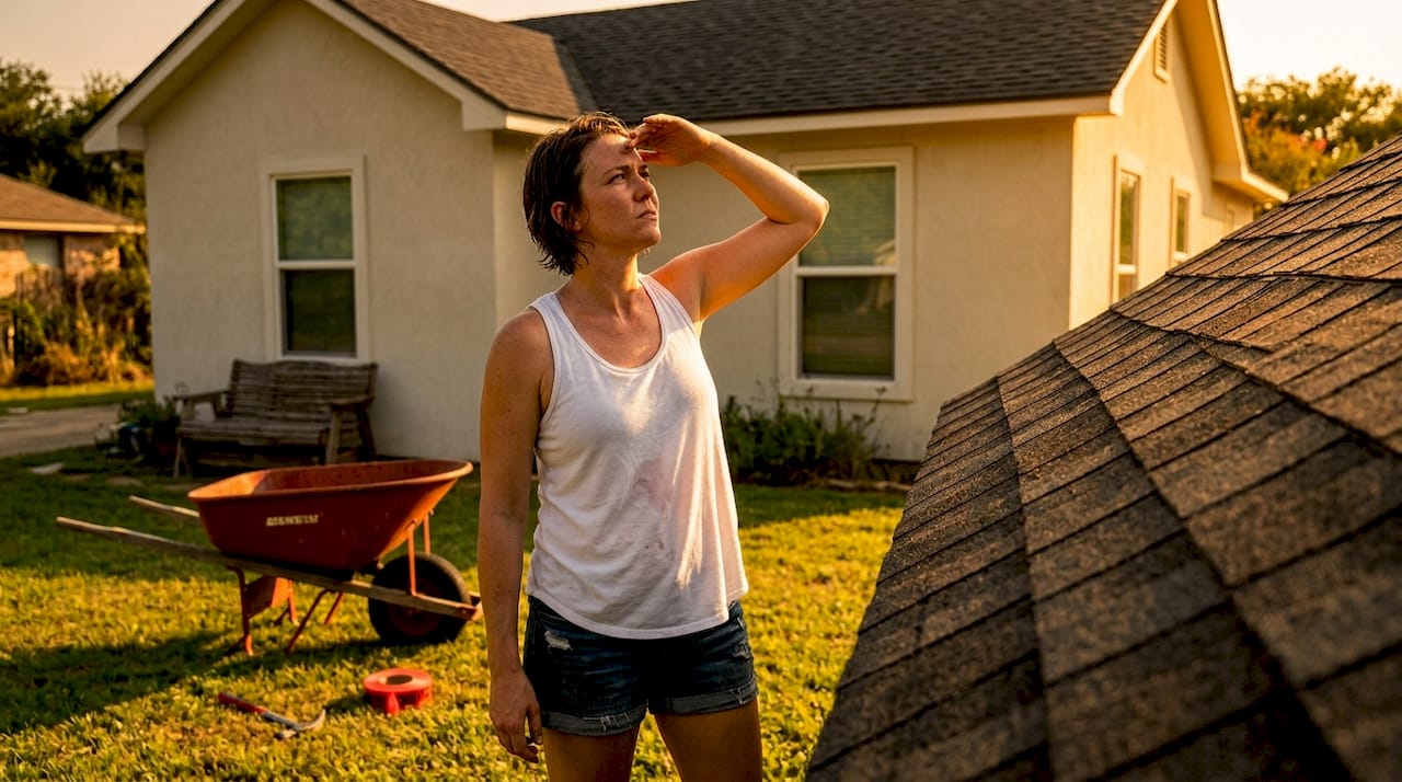 Homeowner examining sunny Texas home roof