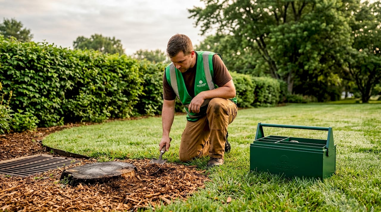 Worker clearing stump by drainage grate