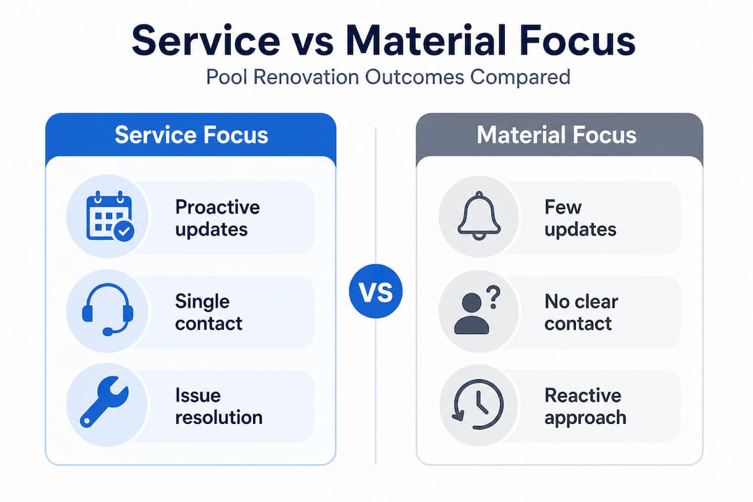 Infographic comparing service and material focus in pool renovation