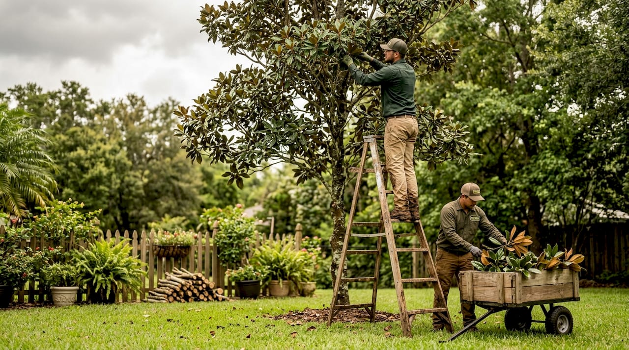 Crew trimming backyard tree for storm prep