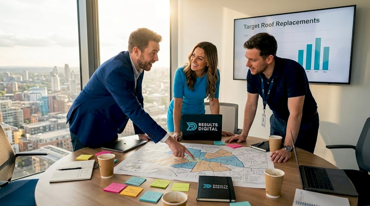 Team of marketing professionals from Results Digital analyzing a detailed roofing market segmentation map, discussing targeted roof replacements, with a presentation screen displaying data trends.