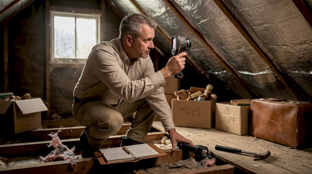 Home inspector checks attic insulation under reflective roof