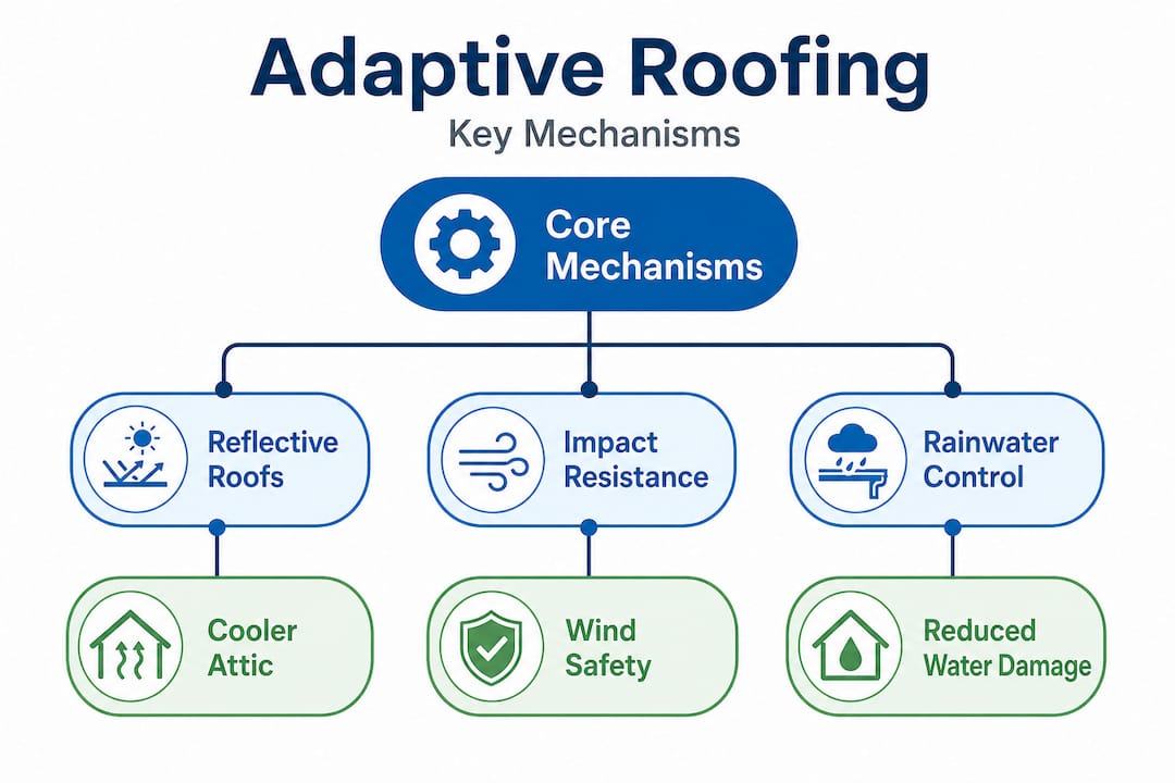 Infographic showing adaptive roofing main mechanisms and benefits