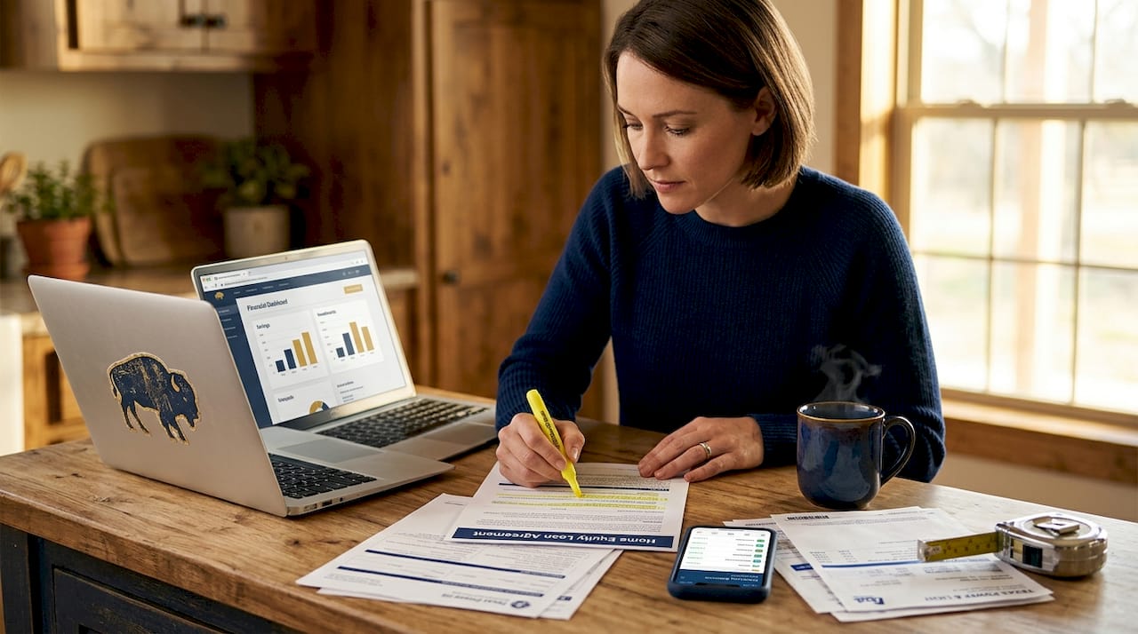 Homeowner reviewing loan documents at dining table