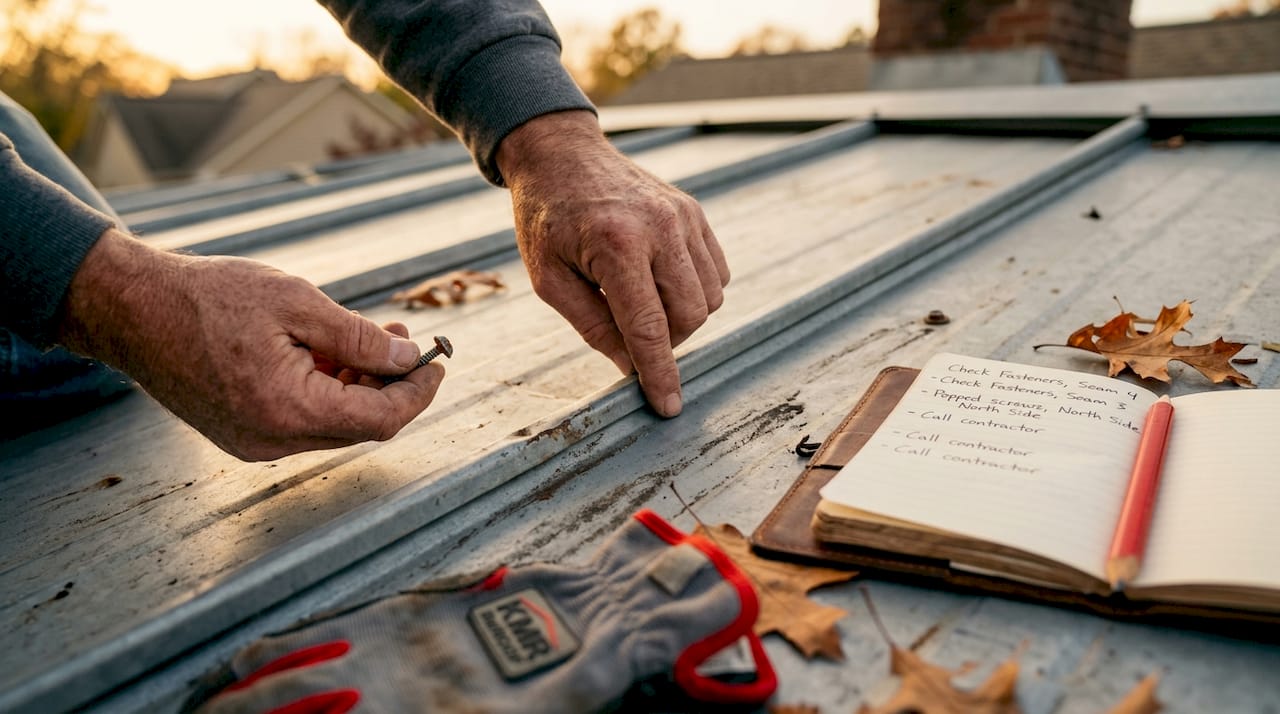 Closeup inspecting loose roof fasteners