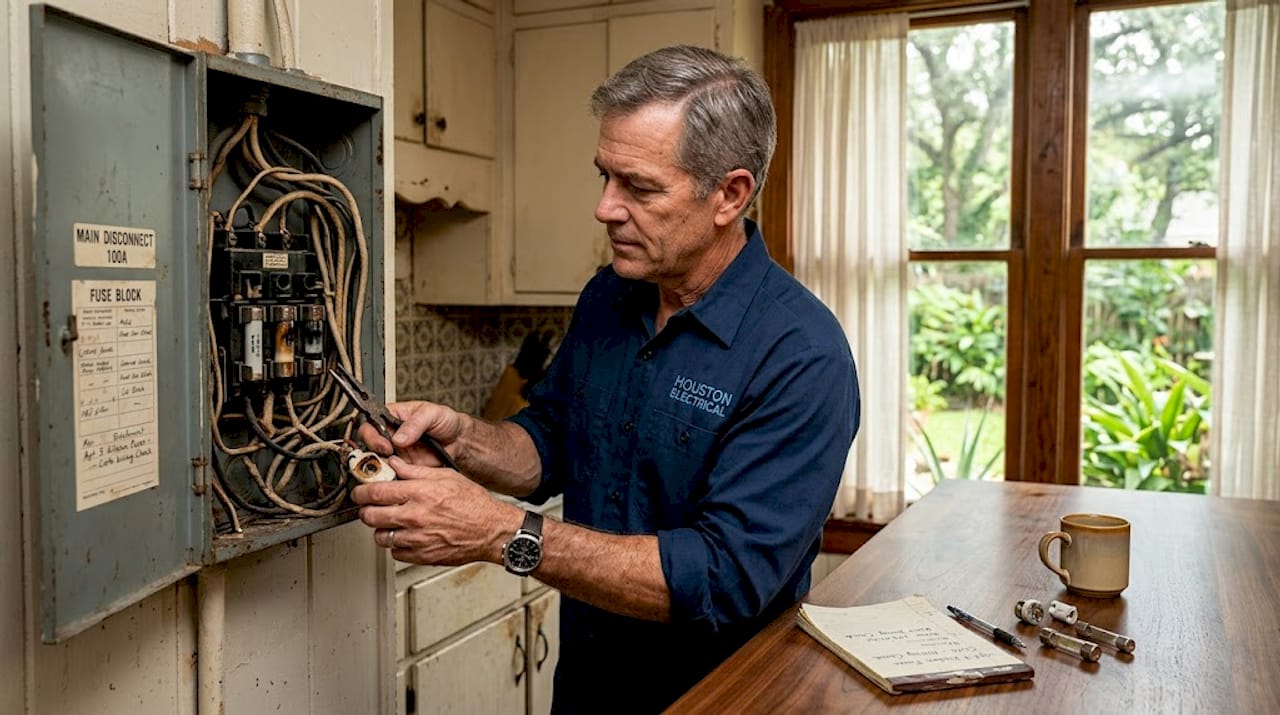 Electrician checks old home fuse box wiring