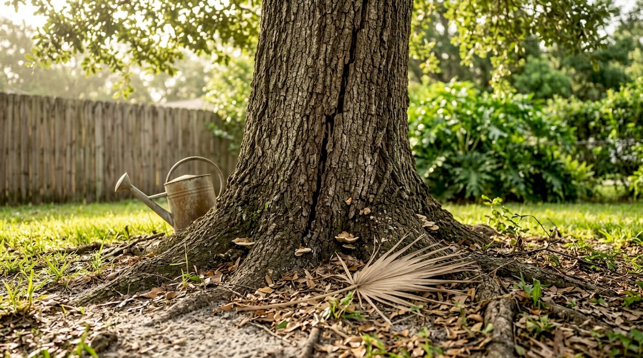 Tree trunk with crack and fungus in yard