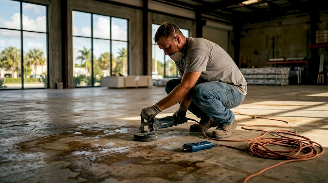 Worker prepping floor before epoxy application