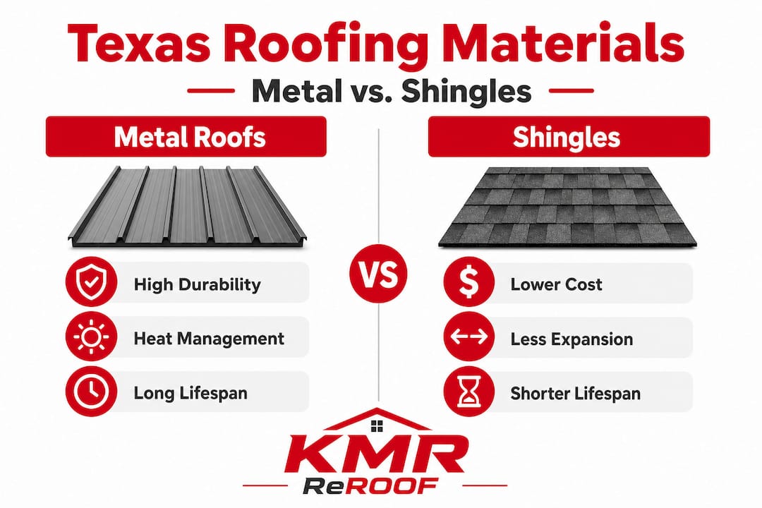 Infographic comparing metal roofs and shingles for Texas homes