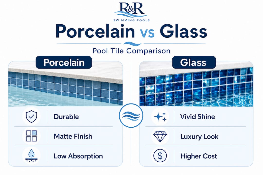 Infographic comparing porcelain and glass pool tiles