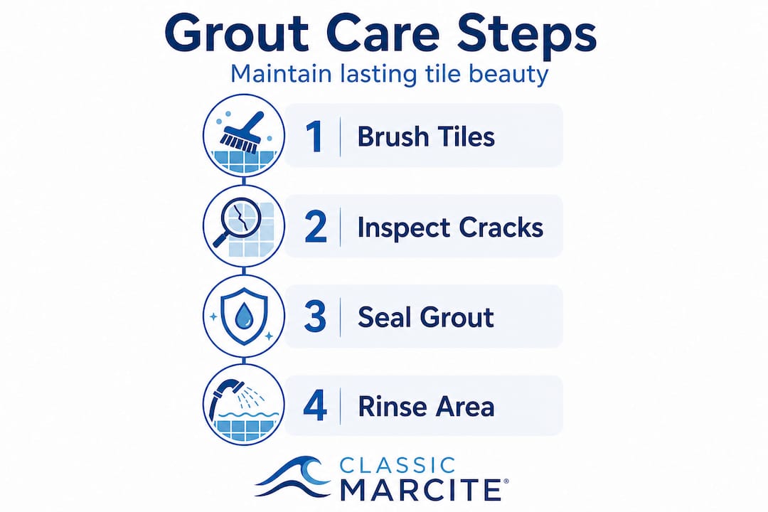 Infographic showing pool grout care steps