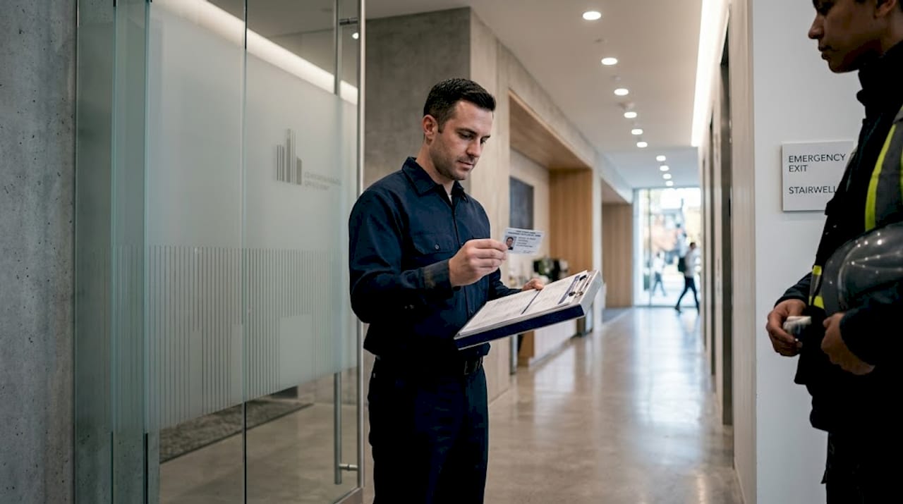 Facility manager checks contractor license at lobby