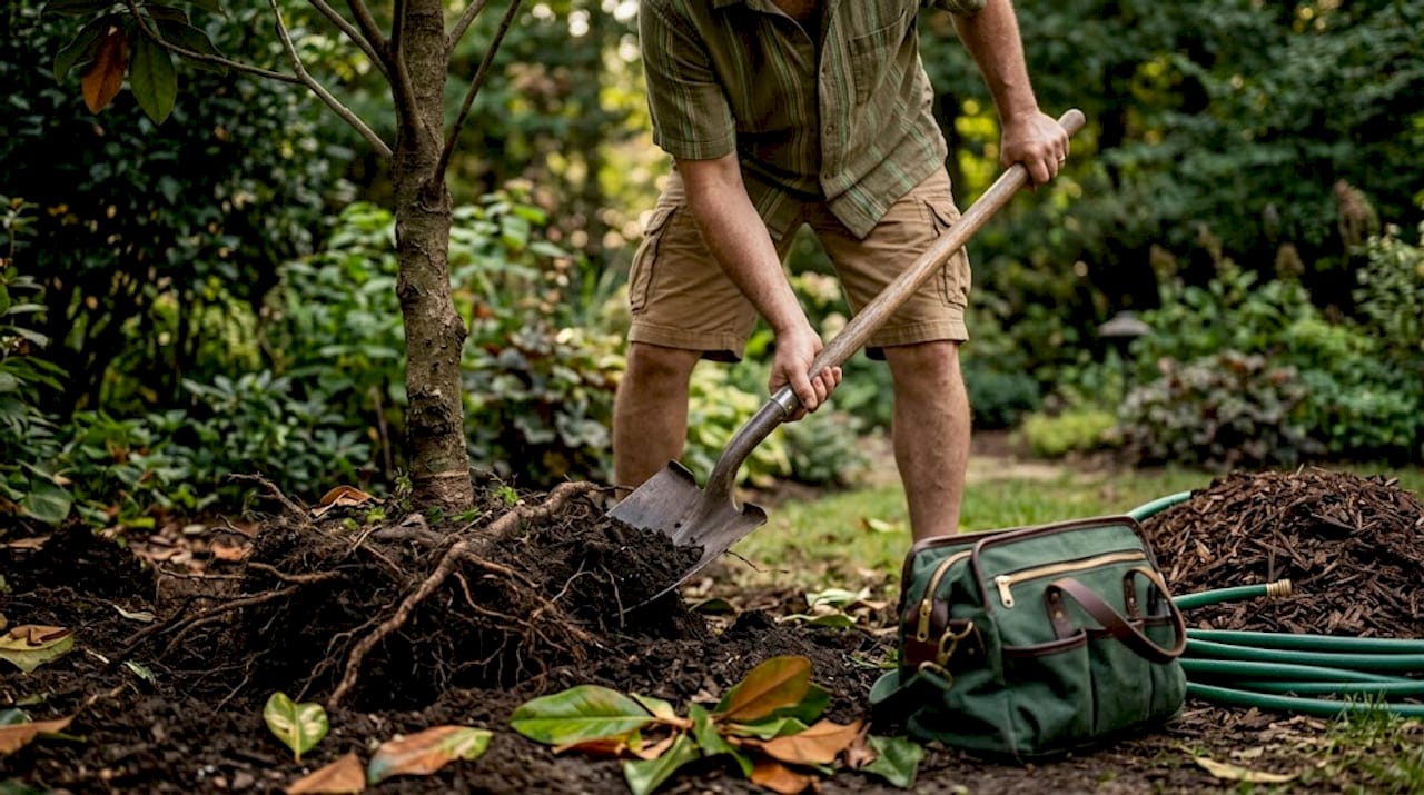 Homeowner digging root ball for transplant