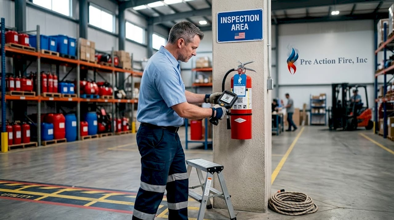 Fire safety technician inspecting fire extinguisher