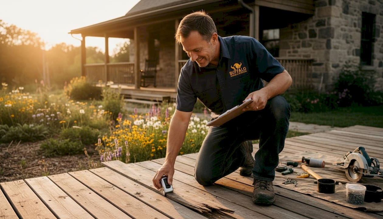 Installer inspects durable impact-rated deck