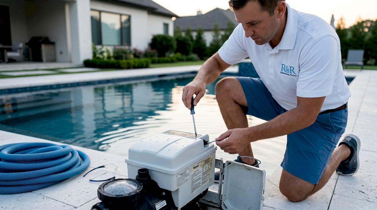 Technician installs pH pool sensor outdoors