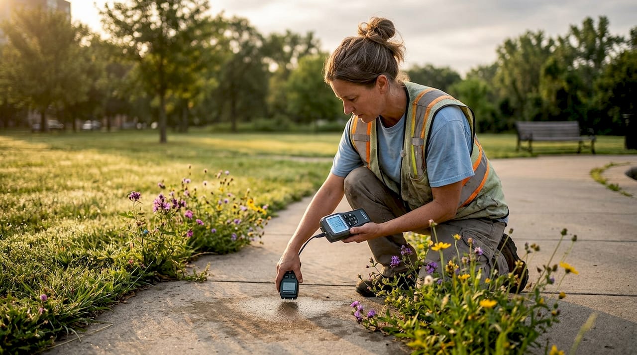 Worker tests moisture in city walkway